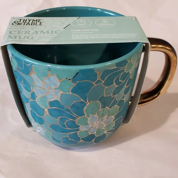 Thyme & Table Ceramic Mug Teal Succulent Design Gold Detail 16oz. - Picture 2 of 3